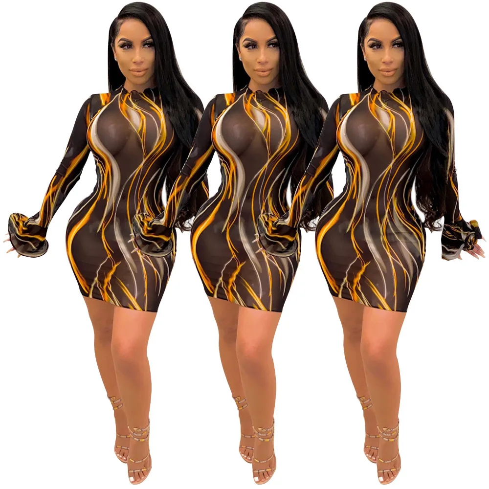 

spring women 2021 new dress high street long sleeve round collar dresses printed mini short dresses party night vestidos