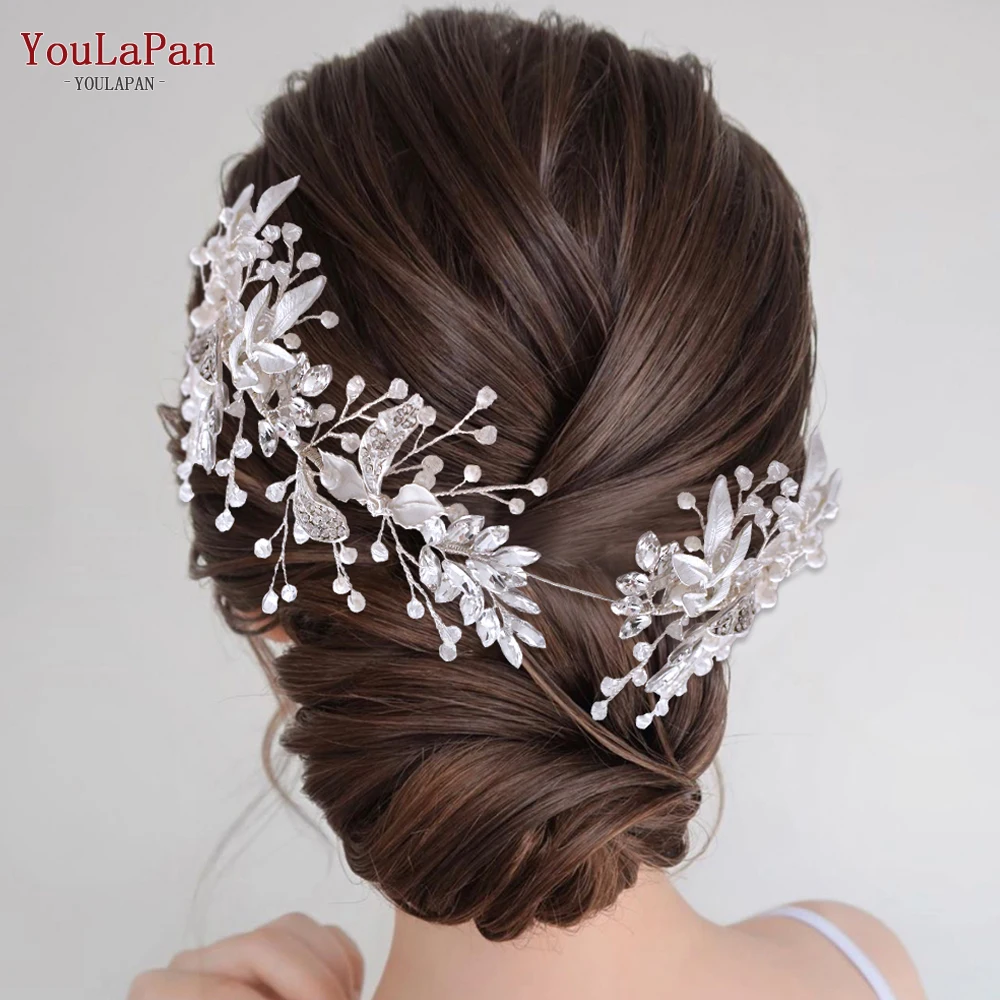 

YouLaPan HP272 Silver Color Headband Alloy Leaf Bridal Hair Accessories Handmade Rhinestone Tiara Crystal Pearl Headpiece