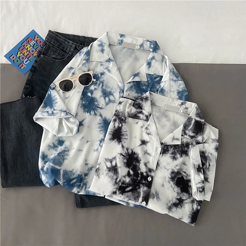 

EBAIHUI 2021 New Arrival Women's Shirts Men Hawaiian Camicias Casual One Button Tie Dye Shirts Printed Short-sleeve Blouses Tops