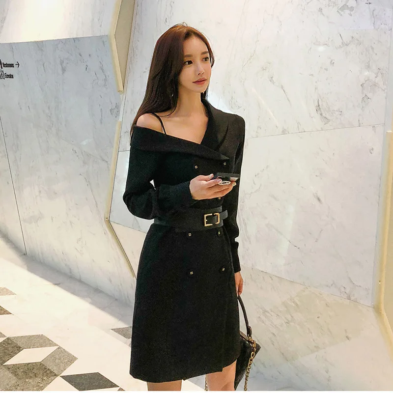 Зима 2019 Черное женское платье с открытыми плечами средней длины длинным рукавом