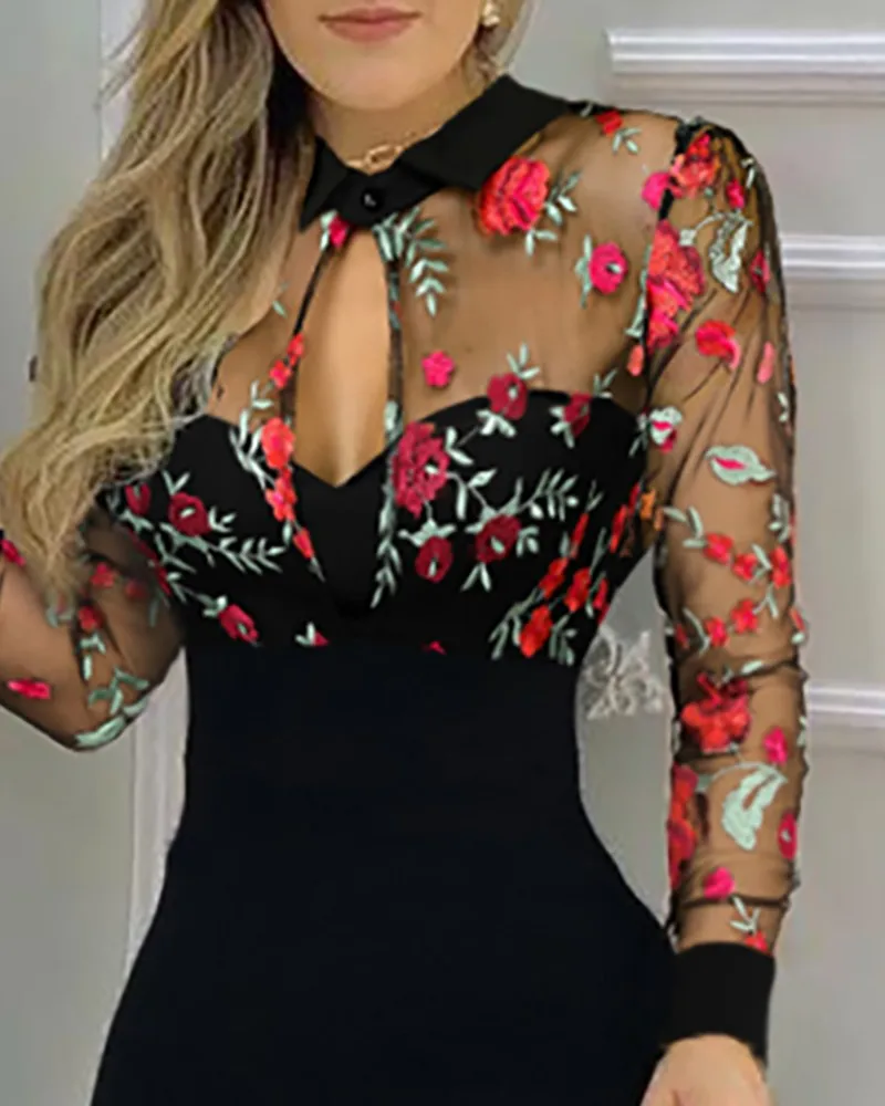 

Floral Patterh Sheer Mesh Slit Dress Women