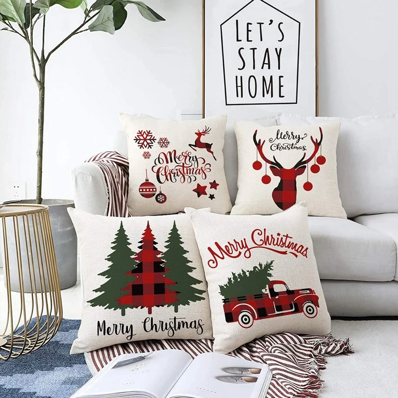 

Christmas Throw Pillow Covers, Cotton Linen Decorative Pillowcases for Sofa, Couch and Bed