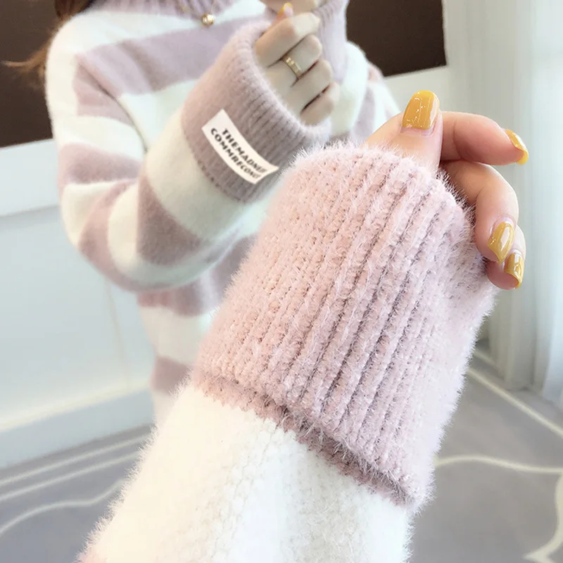 

Women Turtleneck Stripe Knitted Sweater 2020 New Casual Fashion Thicken Pullover High Quality Imitated Mink Wool Jumper Tops