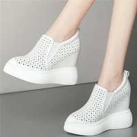 12cm high heel summer fashion sneakers women hollow genuine leather wedges ankle boots female pointed toe creepers casual shoes