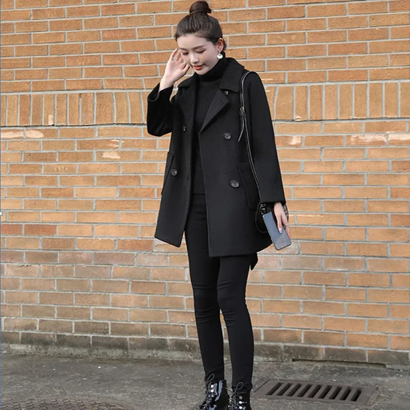 

2021 Black Long Blend Wool Coat women Lace Double-breasted Cloak Jacket Autumn Winter Warm Woolen Coat Loose Overcoat Ladies