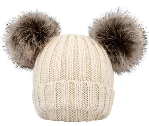 

Теплая вязаная зимняя шапка для мальчиков и девочек с помпонами и ушками