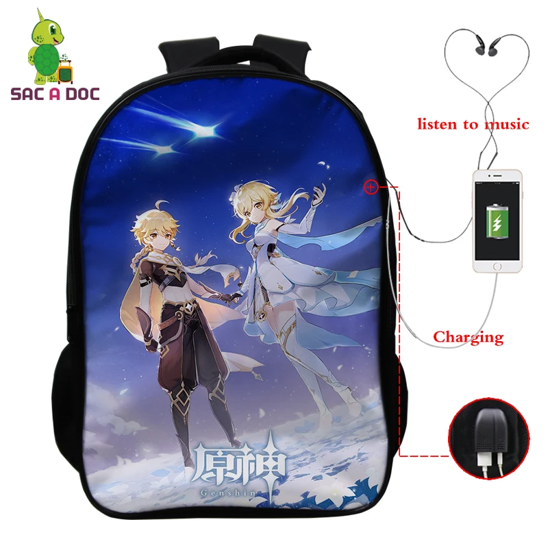 

USB Backpacks Students Harajuku Bookbag 16 Inch Teenager School Bags Boys Girls 3d Back Pack Men Women Genshin Impact Book Bag