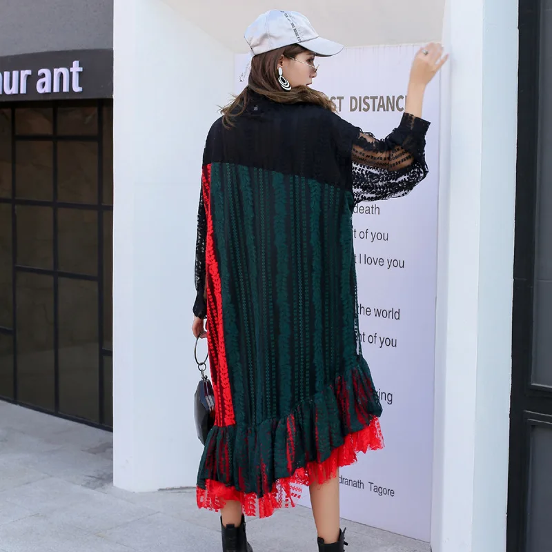 Контрастное цветное платье с длинным рукавом женское высоким вырезом свободные