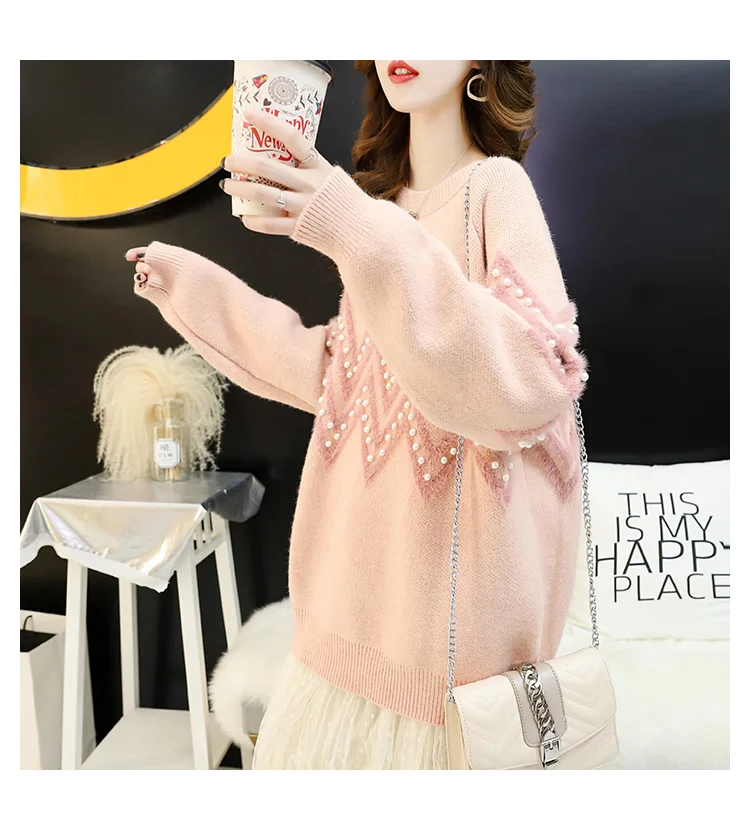 H.SA 2020 Women Sweaters Oneck High Quality Pearl Beading Loose Sweater Tops Pink Mohair Full Jumpers Spring Casual Outerwear | Женская