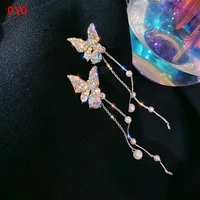 925 silver full diamond butterfly long tassel crystal purplecolorful micro inlaid color diamond pearl net red earrings