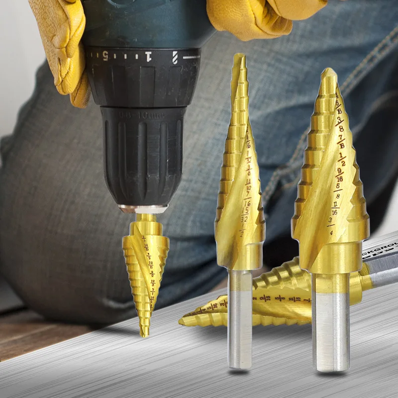 

New 5set Of Triangle Handle Spiral Groove Titanium-plated British Step Drill Aluminum Boxed