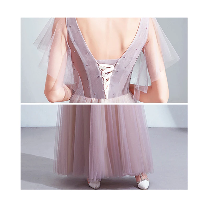 

Bespoke Occasion Dresses Illusion A-Line V-Neck Short Appliques Beading Sequined Lace Tulle Purple Lady Wedding Party Gown TS016