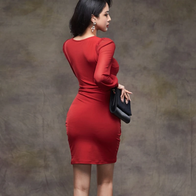 Spring New Sexy Hip Dress Korean V-neck Ladies Slim Bottoming Woman Chic Twist Long Sleeve Mesh Stitching 13005 | Женская одежда