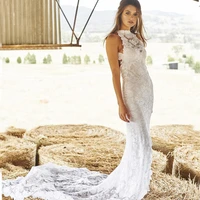2015 boho lace bohemian wedding dresses front split beach court train halter sheer open back mermaid bridal gowns