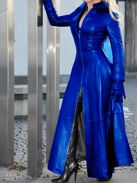 Женский модный длинный кожаный жакет повседневный свободный однотонный Тренч на