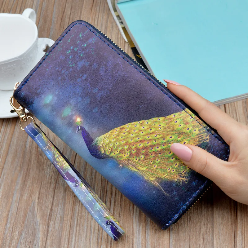 

MONNET CAUTHY Long Wallets Colorful Peacock Print One Zipper High Capacity Multifunction Multi-card slot Purse Practical Wallet