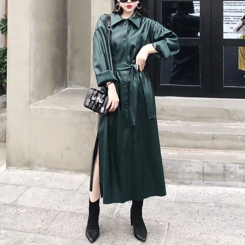

KMETRAM Spring Autumn Jacket Women Faux Leather Jacket Women Streetwear Long Trench Coat Female Windbreaker Chaqueta Mujer 5475