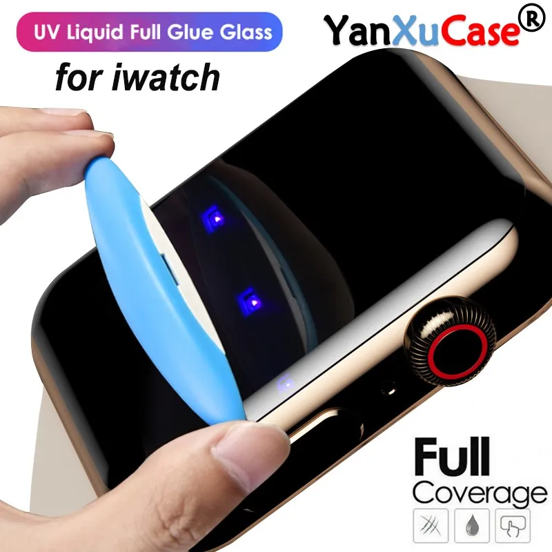 Protector de pantalla de cristal templado para Apple Watch, cubierta completa de vidrio templado UV Nano l&iacute;quido para iWatch de 38mm, 42mm, 40mm y 44mm, 100 unids/lote-0