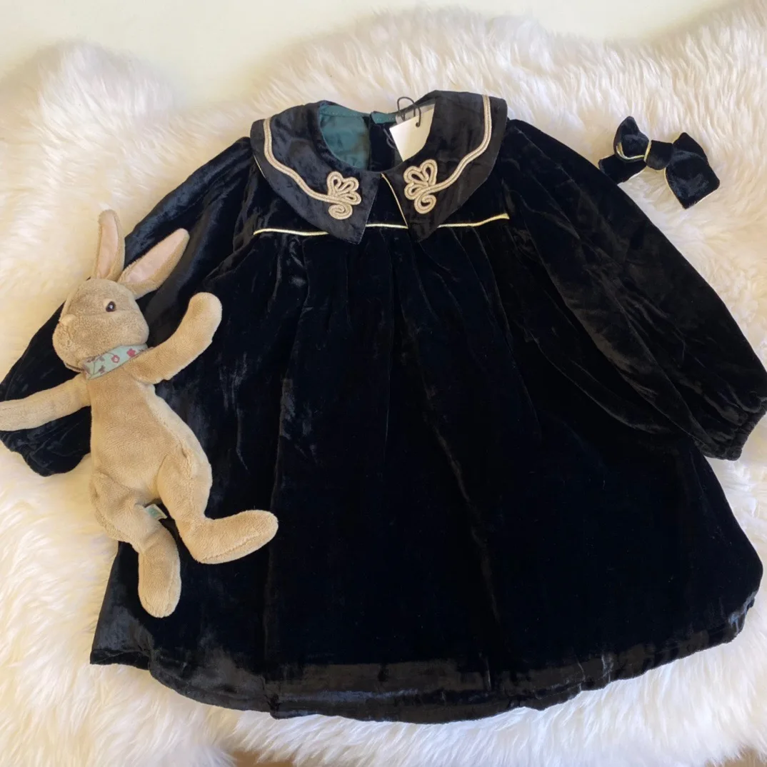 

Детские платья, весна 2022, одежда для маленьких девочек, бархатное черное платье с длинным рукавом и вышивкой, одежда высокого качества