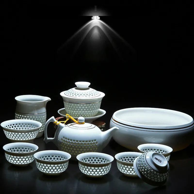 11 шт полых сотовой чайный набор кунг фу белого и голубого цвета фарфоровая посуда
