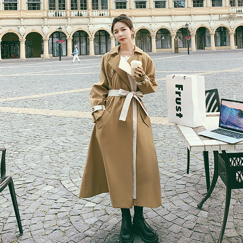 

Женская ветровка цвета хаки, длинный тренчкот, весенне-осенняя комбинированная контрастная британская Повседневная Дамский Плащ, свободна...