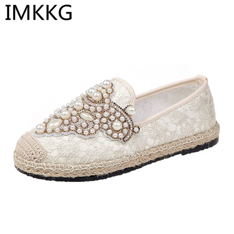 Женские мокасины с круглым носком эспадрильи жемчугом удобная женская обувь на
