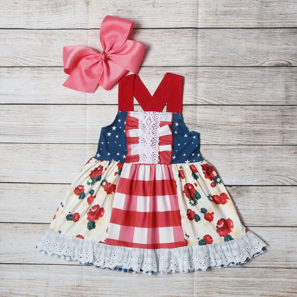 

Summer Girls Clothes Red Strap Sleeveless White Lace Red Flower Print Pattern Girl Dresses