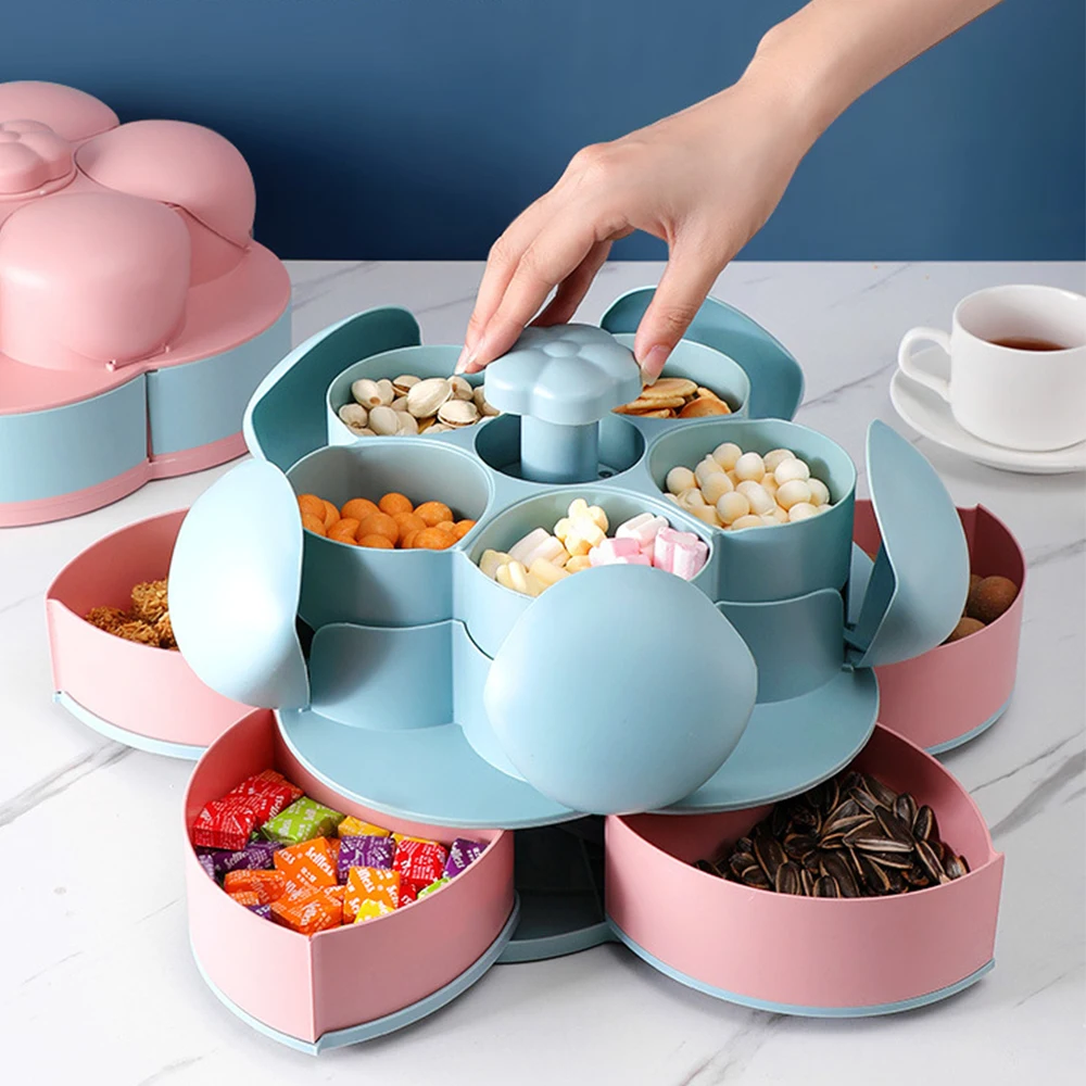 

Petal-Shape Snack Nut Box Flower Candy Fruit Plate Rotating Candy Box Dried Fruit Compartment Plate Two-deck