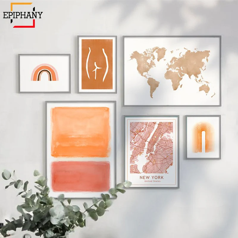 Современная Абстрактная галерея настенная живопись Оранжевая Радуга карта мира