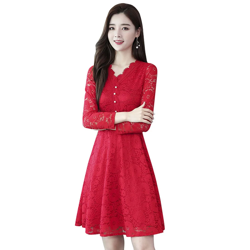 

5XL Plus Size Dress Fashion Women New Elegant Sweet Lace Dress Slim Autumn Female Long sleeve Casual Dresses Vestidos T405