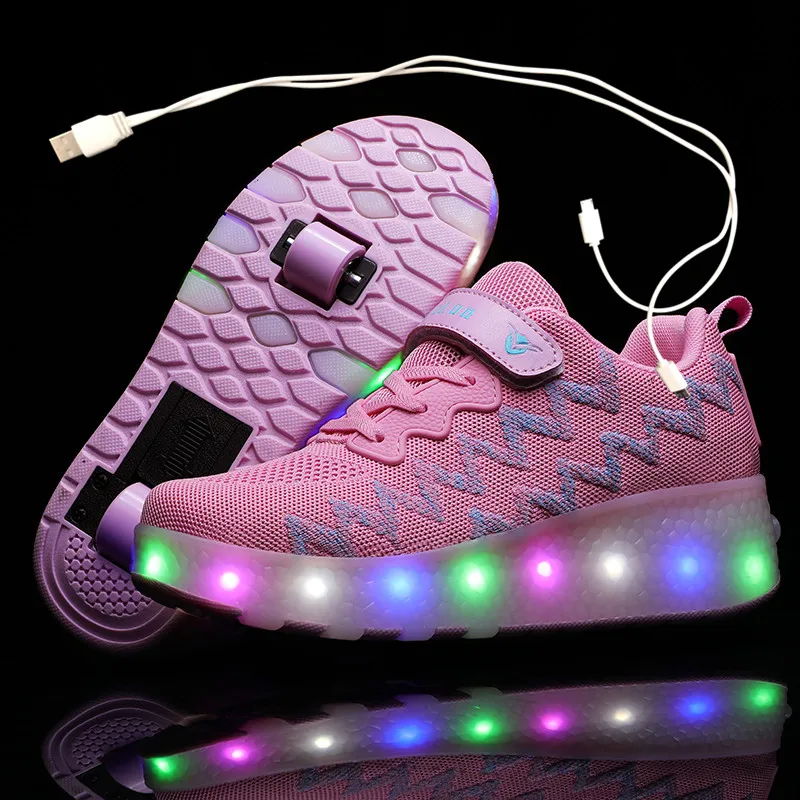

Children One Two Wheels Luminous Glowing Sneakers Gold Pink Led Light Roller Skate Shoes Kids Led Shoes Boys Girls USB Charging
