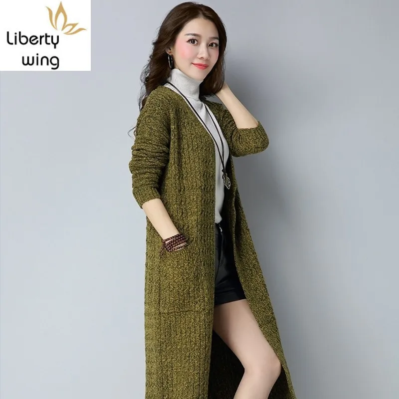 Корейский женский кардиган с рукавами вязаный свитер свободного кроя однотонная