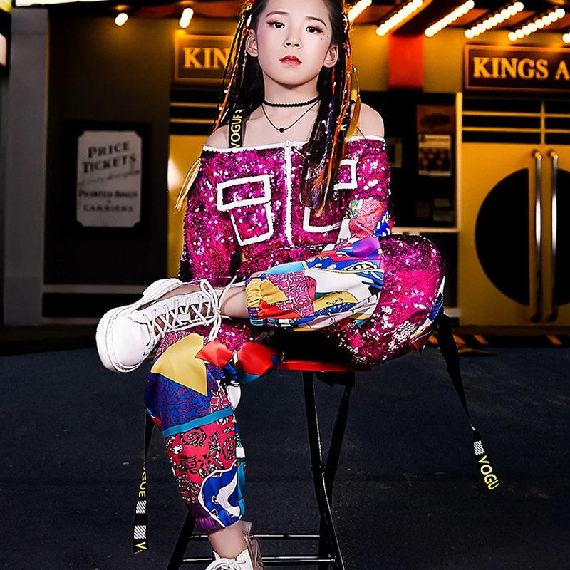 Костюм для джазовых танцев девочек блестящая одежда в стиле хип-хоп Детские