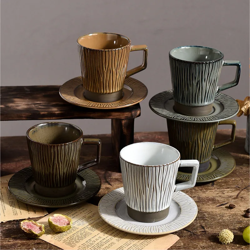 

Набор посуды из керамики, японская кофейная чашка с блюдцем, керамическая посуда в полоску, кофейня, профессиональная посуда, кофейная круж...