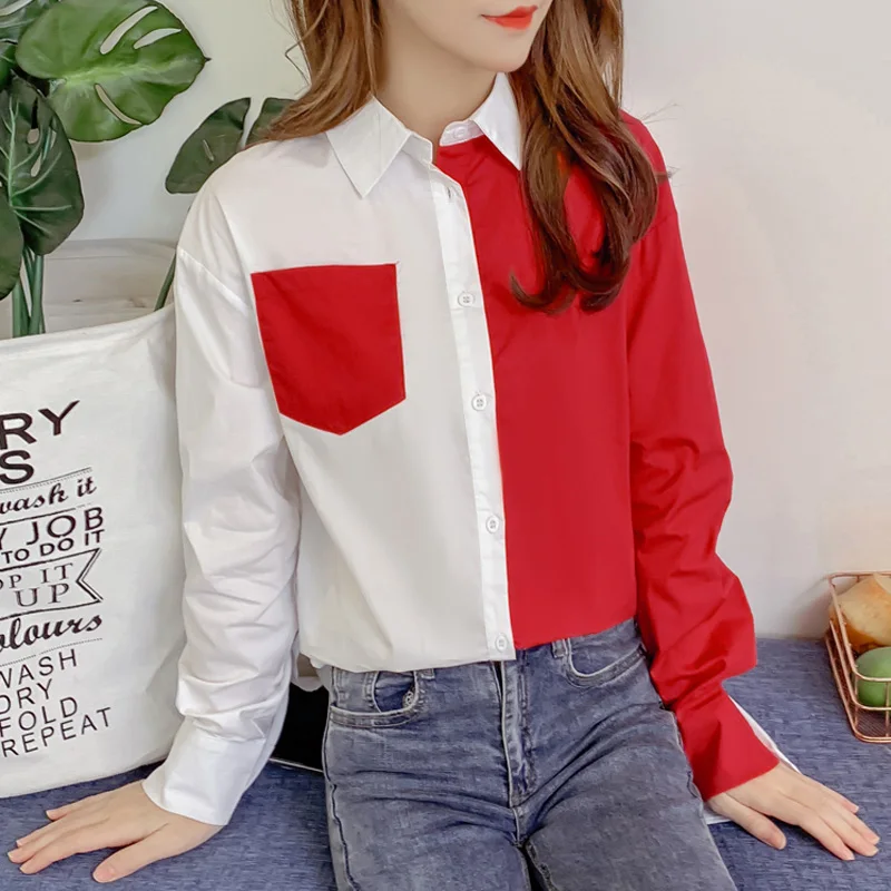 Женская рубашка с длинным рукавом Повседневная Свободная блузка составного кроя