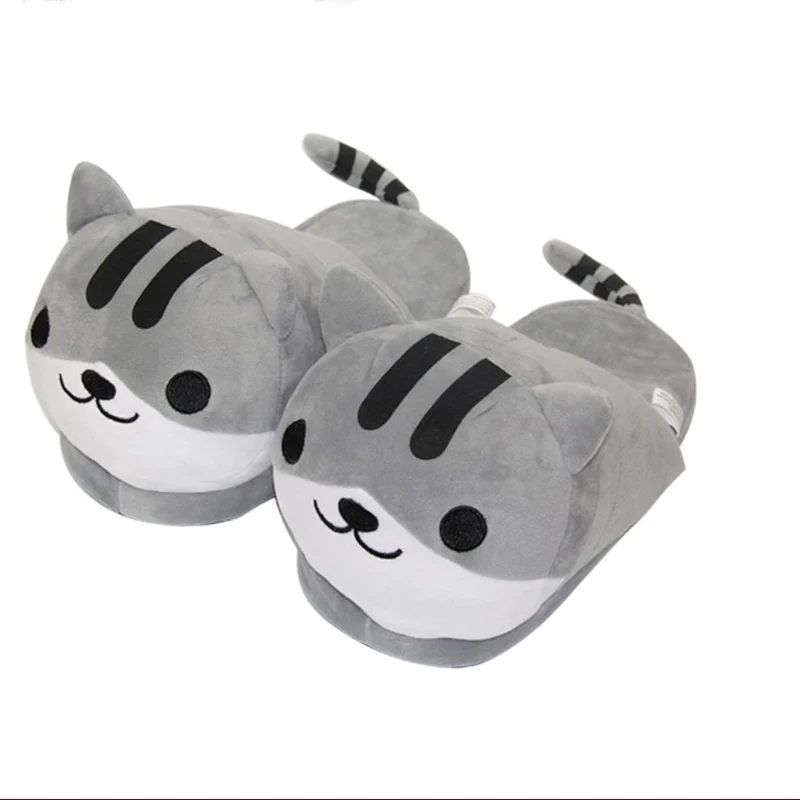 

Winter Warm Gray Cat Home Slippers Women's Fur Strawberry Bear Furry Slides Shoe Comfort Soft Foam Soled Silent Fluffy Sandals