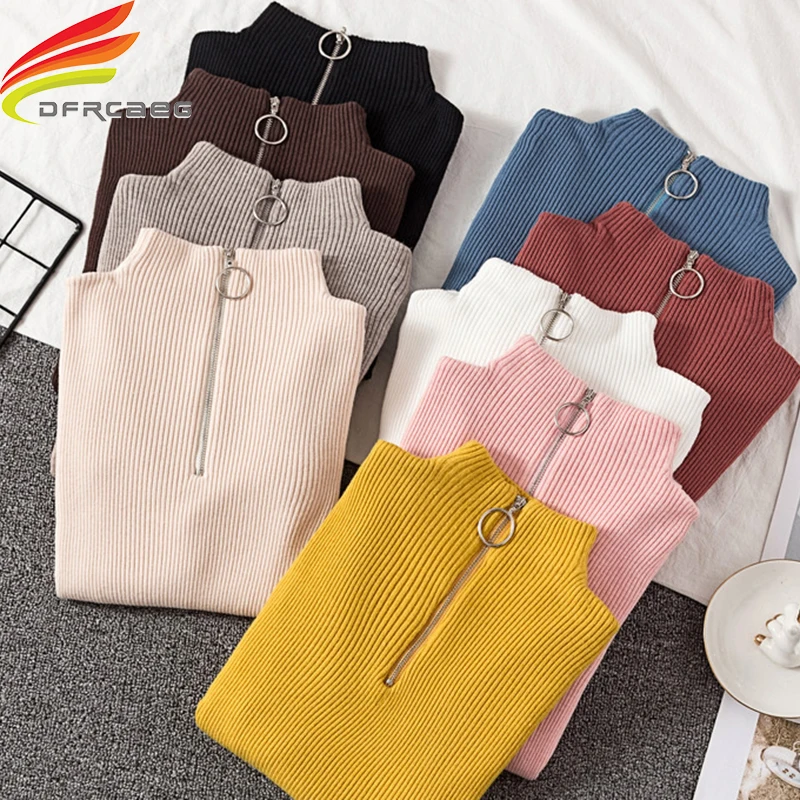 Zipper Turtleneck Sweater Korean Style Women Sweaters 2019 Winter Tops Pullover Autumn Jumper Knitted Pull Femme | Женская одежда
