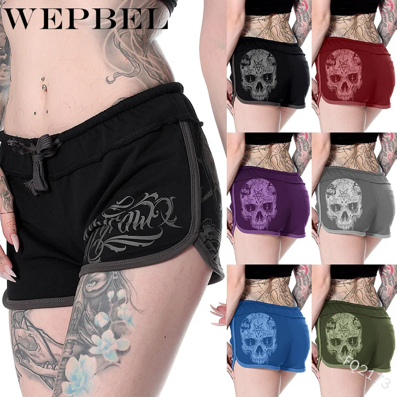 

WEPBEL Casual Short Pants Women Summer Loose Skull Print Shorts Drawstring Waist Shorts Plus Size S-5XL