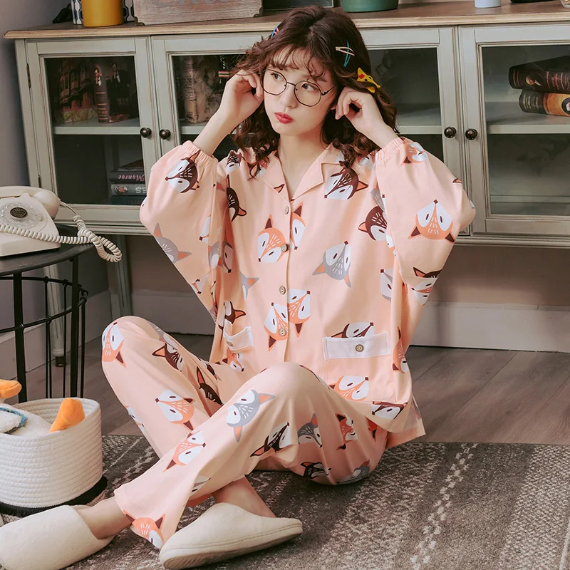 Полная Хлопковая пижама осень зима животный принт нагрудный Пижамный костюм для