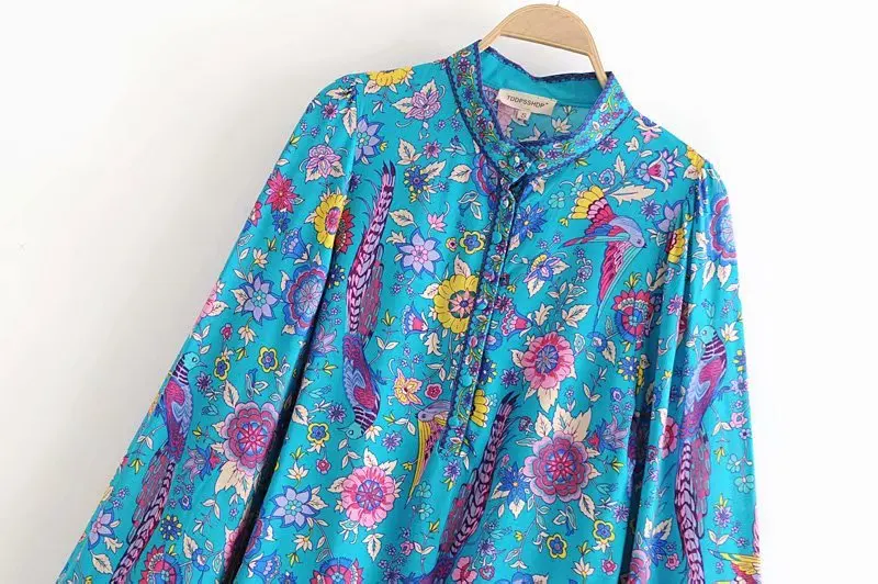 Винтажная шикарная женская блузка в богемном стиле с цветочным принтом павлина