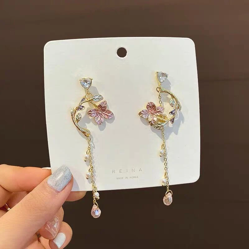 Японские и корейские милые длинные серьги-кисточки с розовыми цветами винтажные