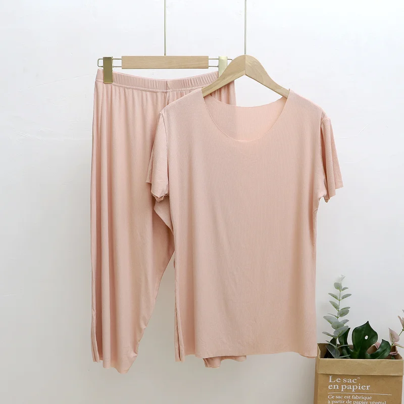 

Womens Pajama Set New Casual 2021 Sleepwear Two Piece Set Long Pants & Short Sleeved tops Pajamas Female Homewear Solid color