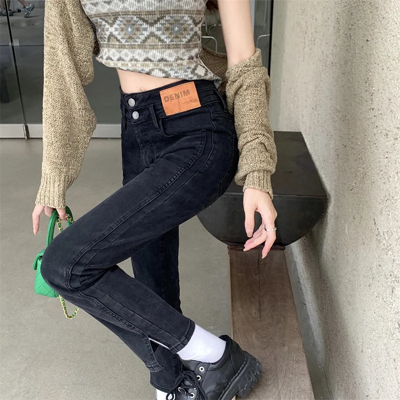 

Прямые брюки с завышенной талией, черные джинсы, детские узкие Капри с разрезом для весны и осени, 2021