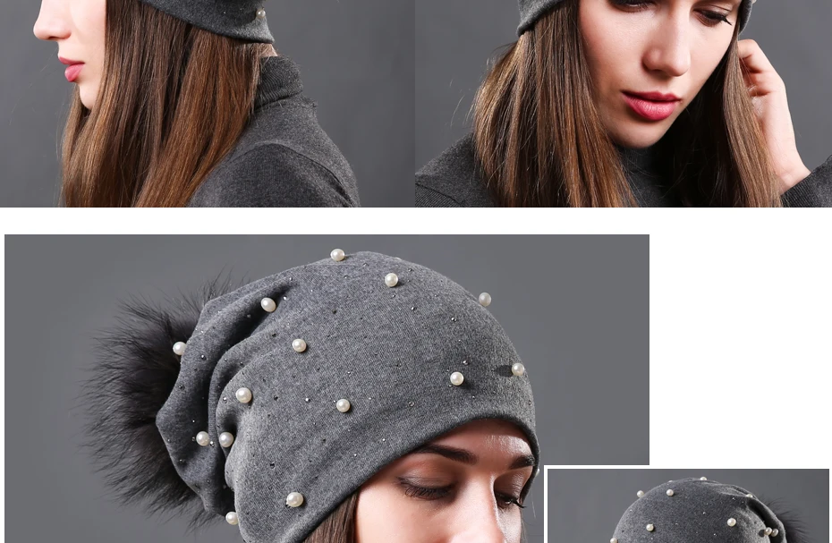 New Women's Pearls Beanies Winter Causal Solid Rhinestone Pearl Slouchy Beanies Hat with Raccoon Fur Pompom Femme Black Cap