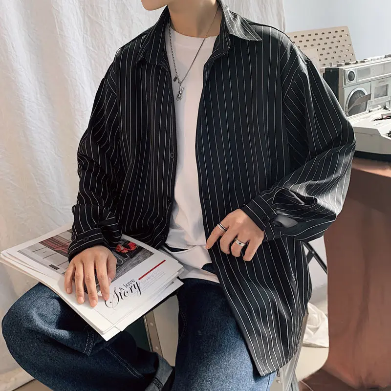 Мужская гавайская рубашка в полоску однотонная серая Модная с длинными рукавами