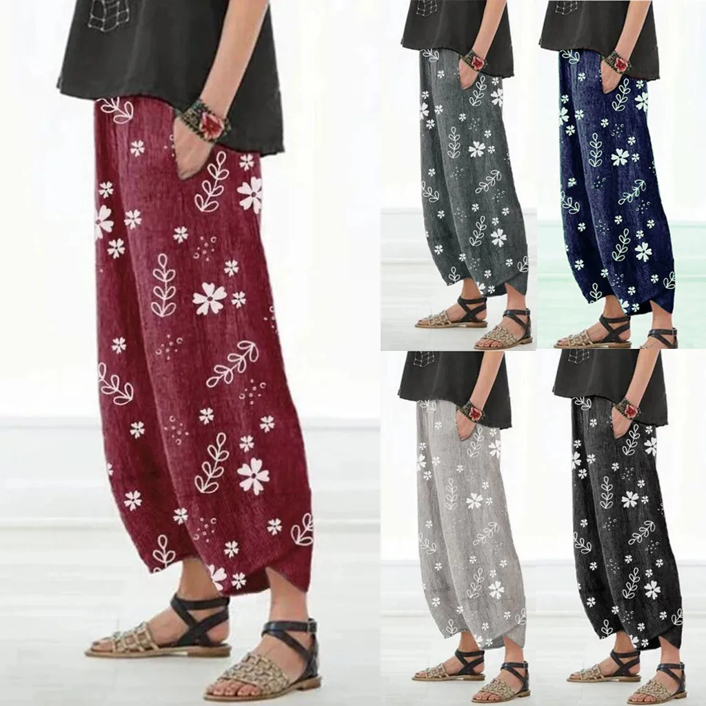 

Spring and summer explosions women's wide-leg pants casual loose floral printing cotton and linen pocket wide-leg pants 40*