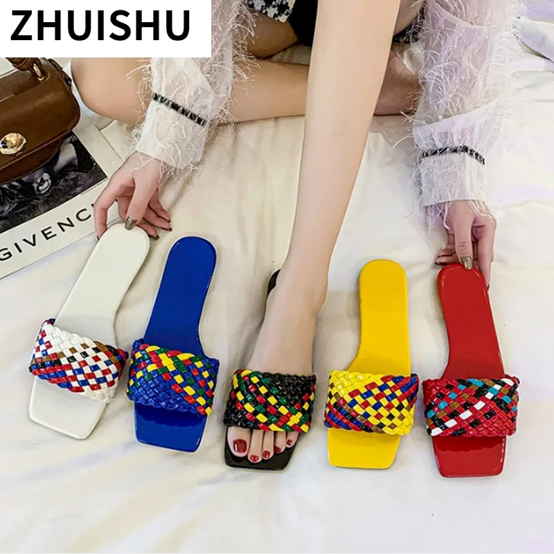 

Summer Flat Slippers 2021 Fashion Color Matching Open-toed Woven New Sandals for Women Outdoor Beach Flip Flops Plus Size 42