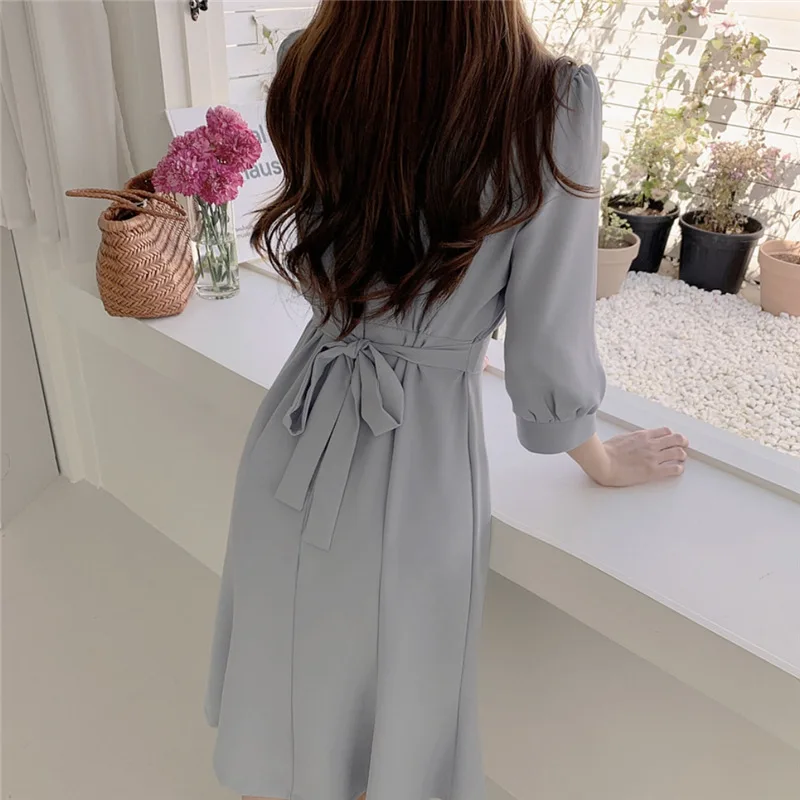 

Vintage French Long Sleeve Square Neck Chiffon Dress Female Summer Temperament Elegant Midi Party Fashion Ladies Clothing