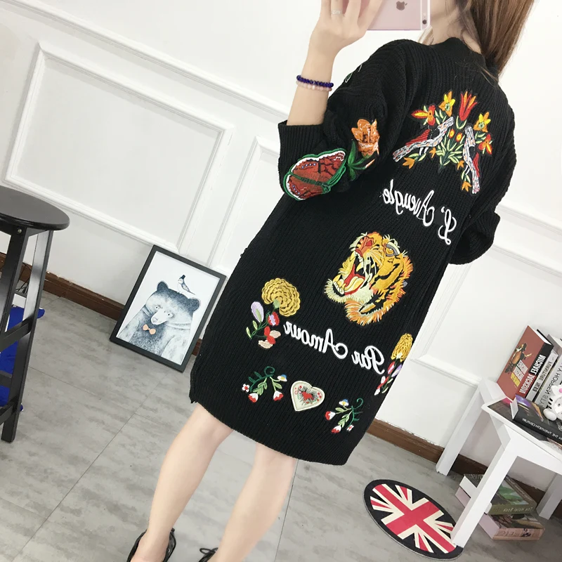 Women Sweaters And Pull European New Butterfly Flower Tiger Pattern Heavy Cardigan Medium Single Breasted Sweater Coat |