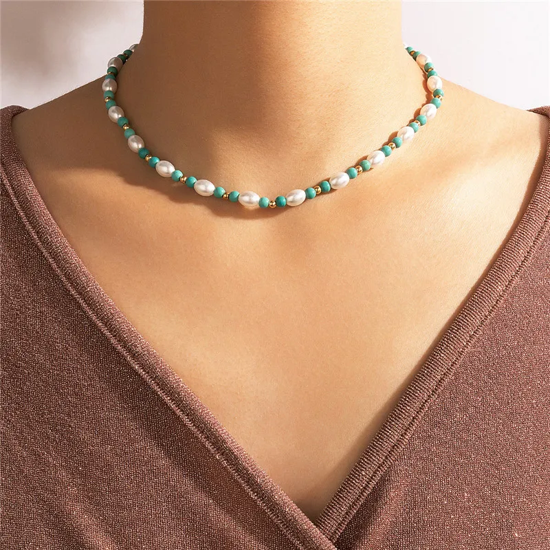 

New Kpop Accessories 2021 Aesthetic Necklaces Fashion Choker Beads Necklace For Women Green Pearl Collares Collar Chunky Jewelry